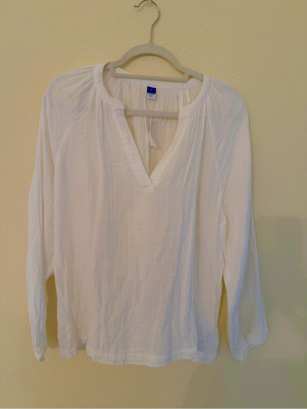 Boho Old Navy White Gauze Split-Neck Blouse Peasant Top Long Sleeve Women's L